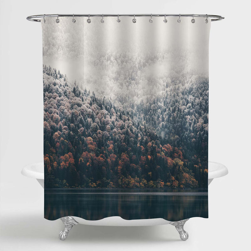 Foggy Coniferous Forest and Lake Shower Curtain - Grey