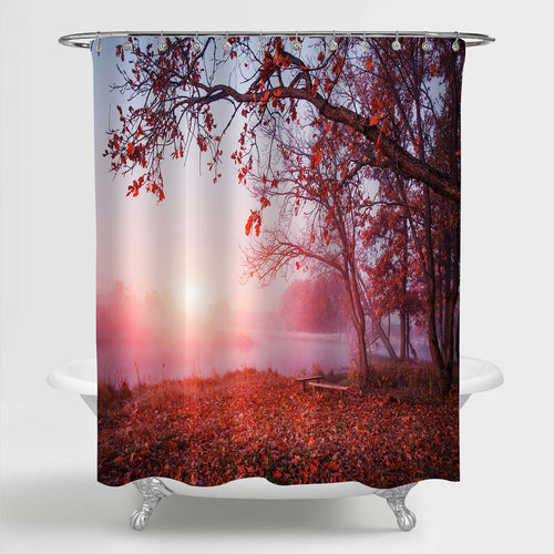 Natural Landscape of Sunrise over River in Foggy Morning Shower Curtain - Red