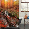 Fast Waterfall Stream Flowing Between Green Stones and Red Leaves Shower Curtain - Red Gold