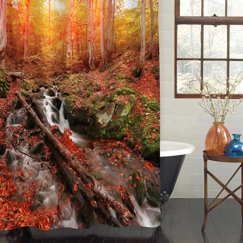 Fast Waterfall Stream Flowing Between Green Stones and Red Leaves Shower Curtain - Red Gold