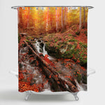 Fast Waterfall Stream Flowing Between Green Stones and Red Leaves Shower Curtain - Red Gold