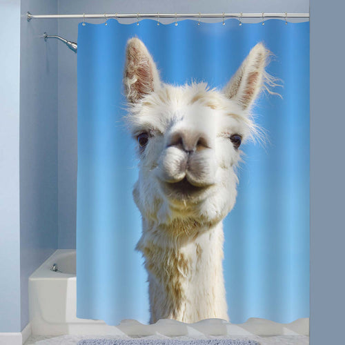 Cute Fluffy Llama Shower Curtain - Blue