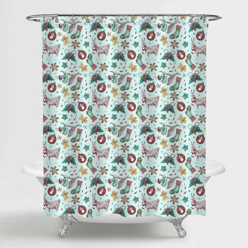 Christmas Llama and Sloth Shower Curtain - Green