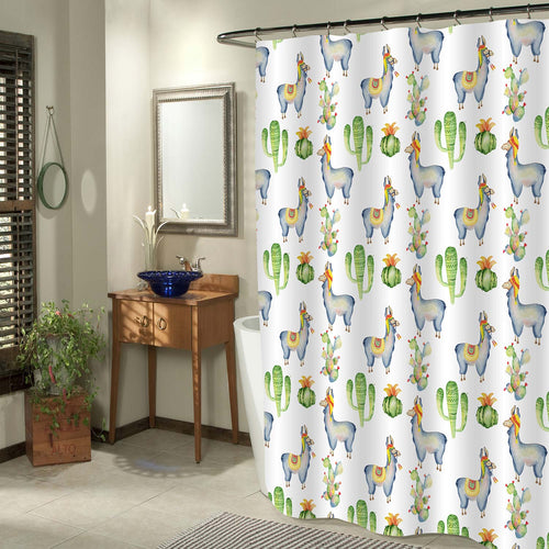 Watercolor Cactus and Llama Shower Curtain - Green