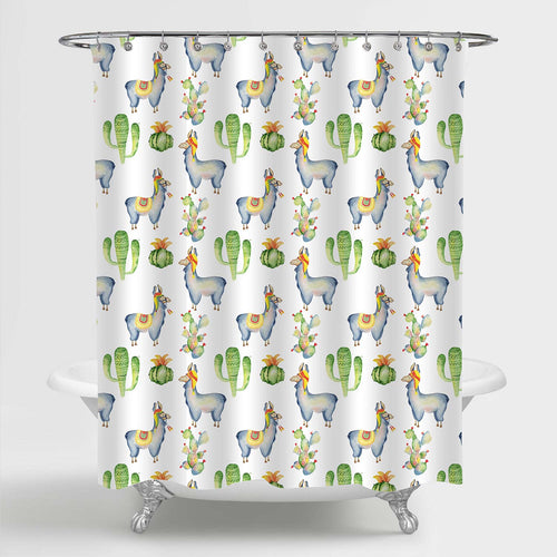 Watercolor Cactus and Llama Shower Curtain - Green