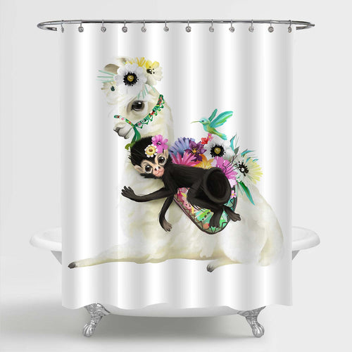 Llama and Monkey with Flower Bouquet Shower Curtain - Multicolor