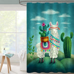 Cartoon Llama with Cactus Shower Curtain - Green