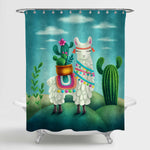 Cartoon Llama with Cactus Shower Curtain - Green
