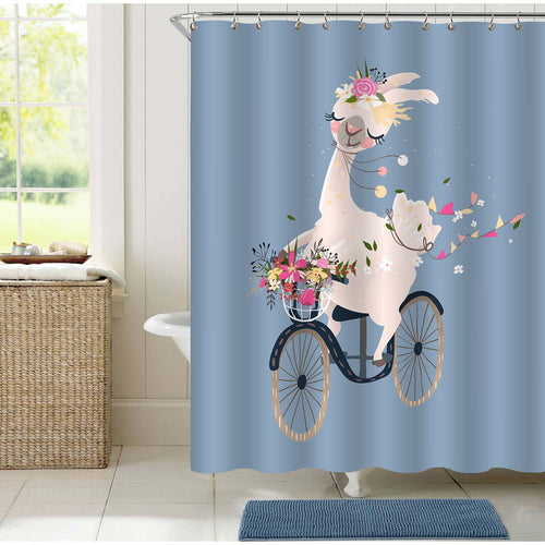 Cartoon Llama Driving a Vintage Bicycle with Flower Bouquet Shower Curtain - Blue Grey