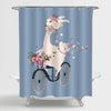 Cartoon Llama Driving a Vintage Bicycle with Flower Bouquet Shower Curtain - Blue Grey