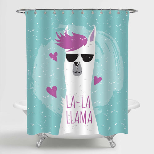 Funny Llama in Black Sunglasses Shower Curtain - Turquoise