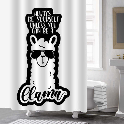 Llama with Always Be Yourself Positive Life Quote Shower Curtain - Black White