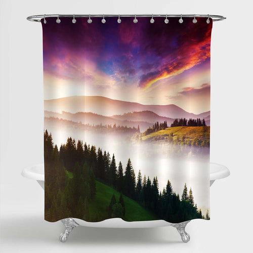 Fantastic Morning Mountain Landscape Shower Curtain - Green Purple