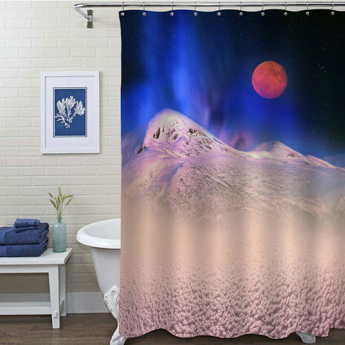 Night Winter Montenegrin Ridge with Moonrise Shower Curtain - Blue White