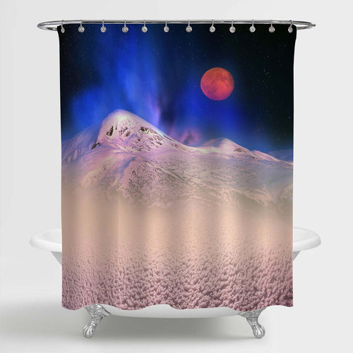 Night Winter Montenegrin Ridge with Moonrise Shower Curtain - Blue White