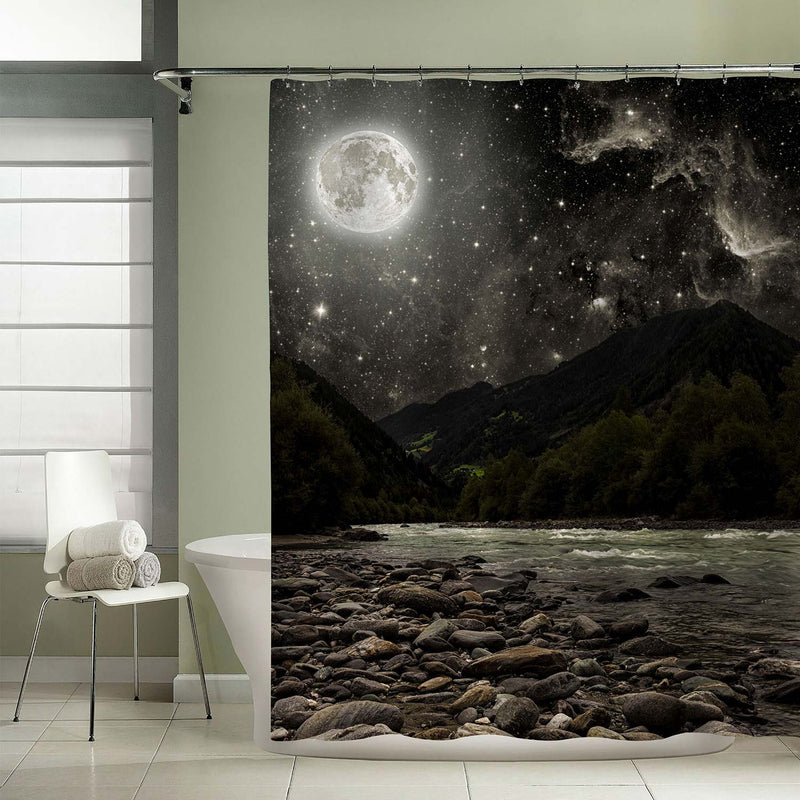 Mountain at Night Sky with Stars and Moon and Clouds Shower Curtain - Dark Grey