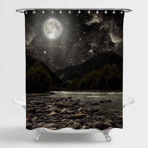 Mountain at Night Sky with Stars and Moon and Clouds Shower Curtain - Dark Grey