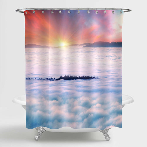 Sea Fog on a Mountain Valley in Carpathians Mountain Shower Curtain - Red White