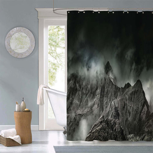 Rocky Mountains Range with Cloudy Sky Shower Curtain- Dark Grey