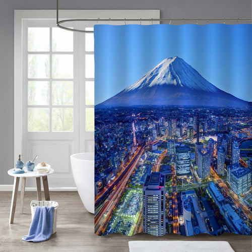 Skyline of Mt. Fuji and Yokohama Scenery Shower Curtain -Blue