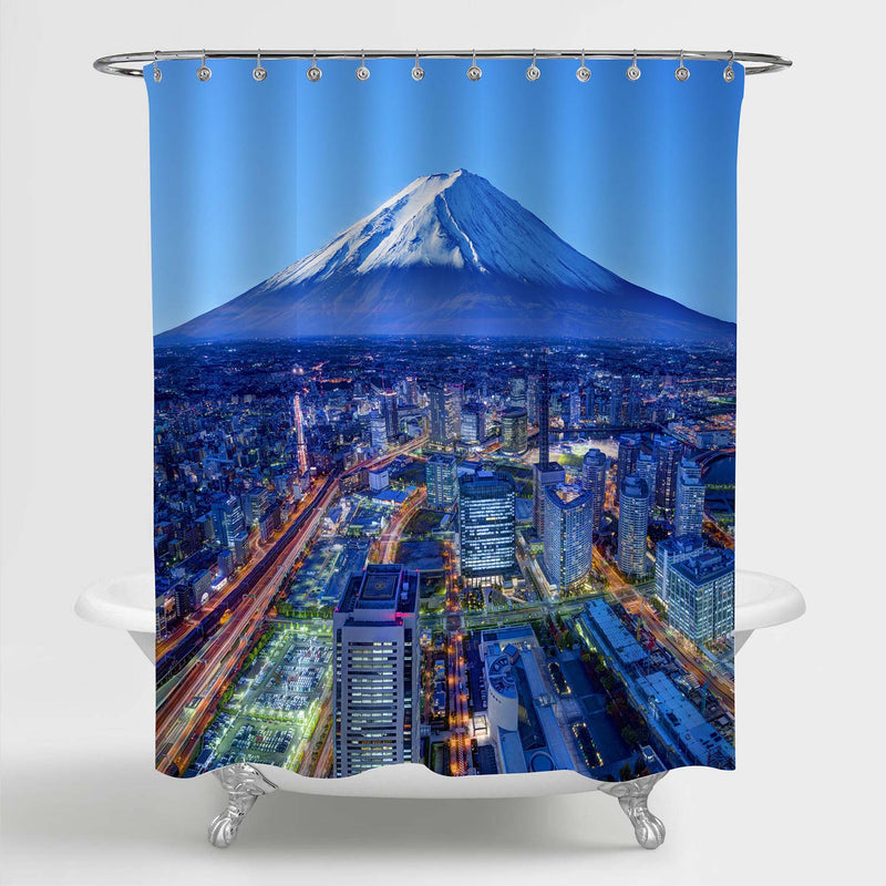 Skyline of Mt. Fuji and Yokohama Scenery Shower Curtain -Blue