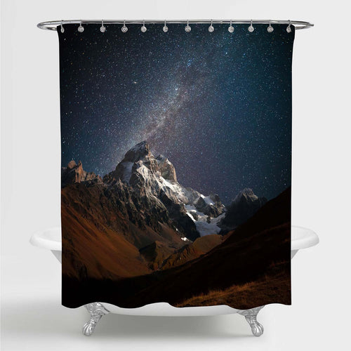 Night View of Ushba Mountain with Dark Starry Sky Shower Curtain - Dark Blue Brown