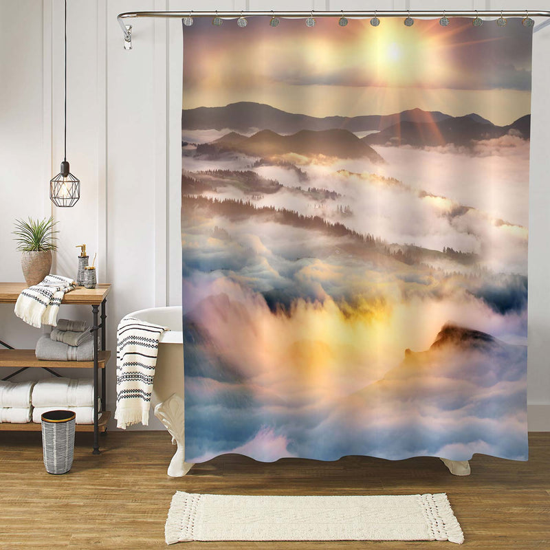 Mountain Morning of the Carpathians Landscape Shower Curtain - Gold White Grey