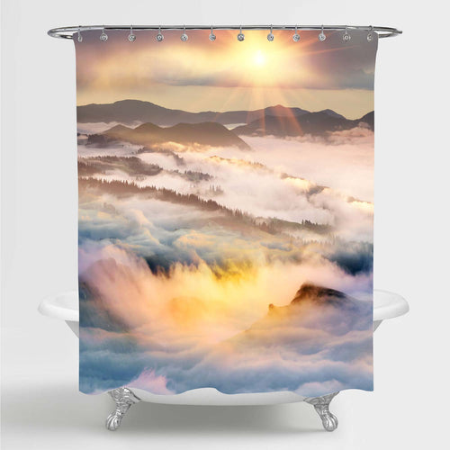 Mountain Morning of the Carpathians Landscape Shower Curtain - Gold White Grey