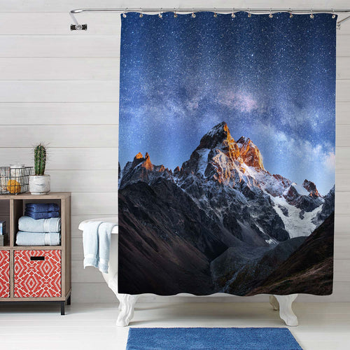 Caucasian Mountain Ridge with Fantastic Starry Sky Shower Curtain - Blue