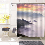 Panorama of Carpathians Mountain Slope with Fog and Haze Shower Curtain - Grey Gold