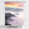 Panorama of Carpathians Mountain Slope with Fog and Haze Shower Curtain - Grey Gold