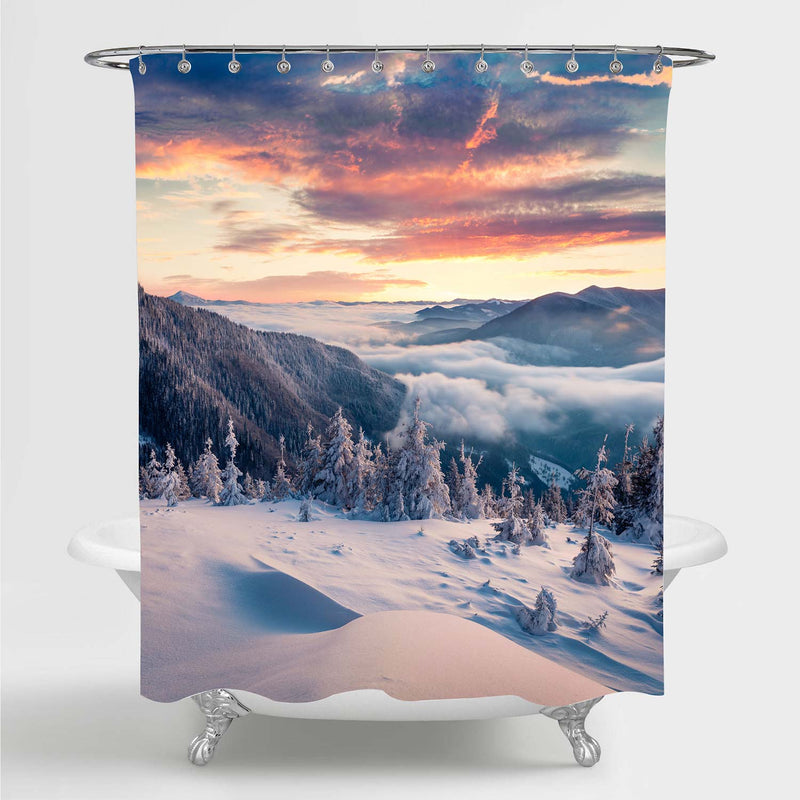 Marvelous Winter Sunrise in Carpathian Mountains Shower Curtain - White Gold