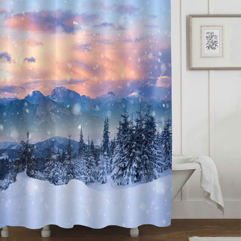 Beautiful Winter Alpine Mountain Snowy Hills Shower Curtain Set with Hooks, Fantastic High Mountain Landscape Bathroom Accessories, Milew Free Fabric, 72 x 78 inches for Standard Bath Tub