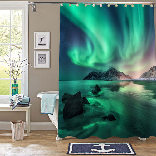 Green Aurora in Lofoten Islands Shower Curtain - Green