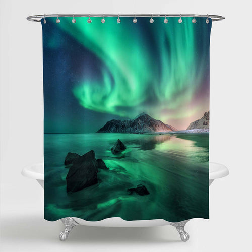 Green Aurora in Lofoten Islands Shower Curtain - Green