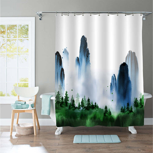 Traditional Oriental Ink Painting Mountain Shower Curtain - Blue Green