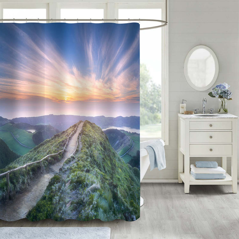 Mountain Landscape with Hiking Trail and Beautiful Lakes Shower Curtain - Blue Green