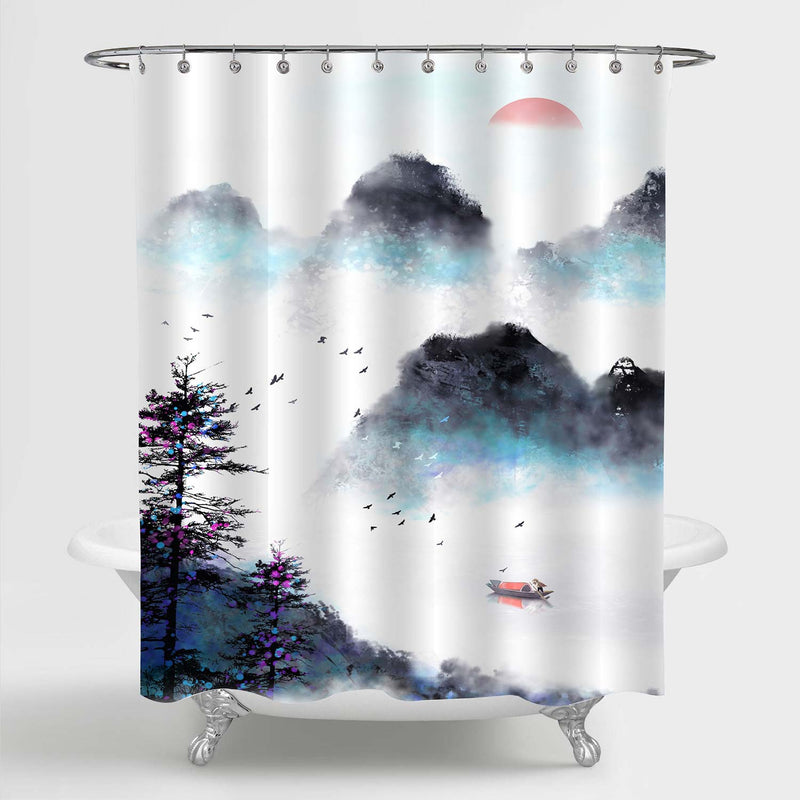 Chinese Mountain Landscape Painting Shower Curtain - Black White