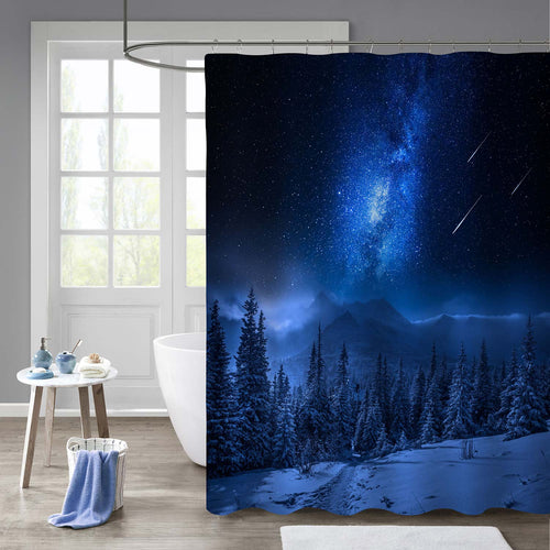 Mountains in Winter at Night with Falling Stars and Milkyway Shower Curtain, Dairy Star Trek in Winter Woods, Dramatic and Picturesque Scene Bathroom Decor, Polyester Fabric 72 x 78, Blue