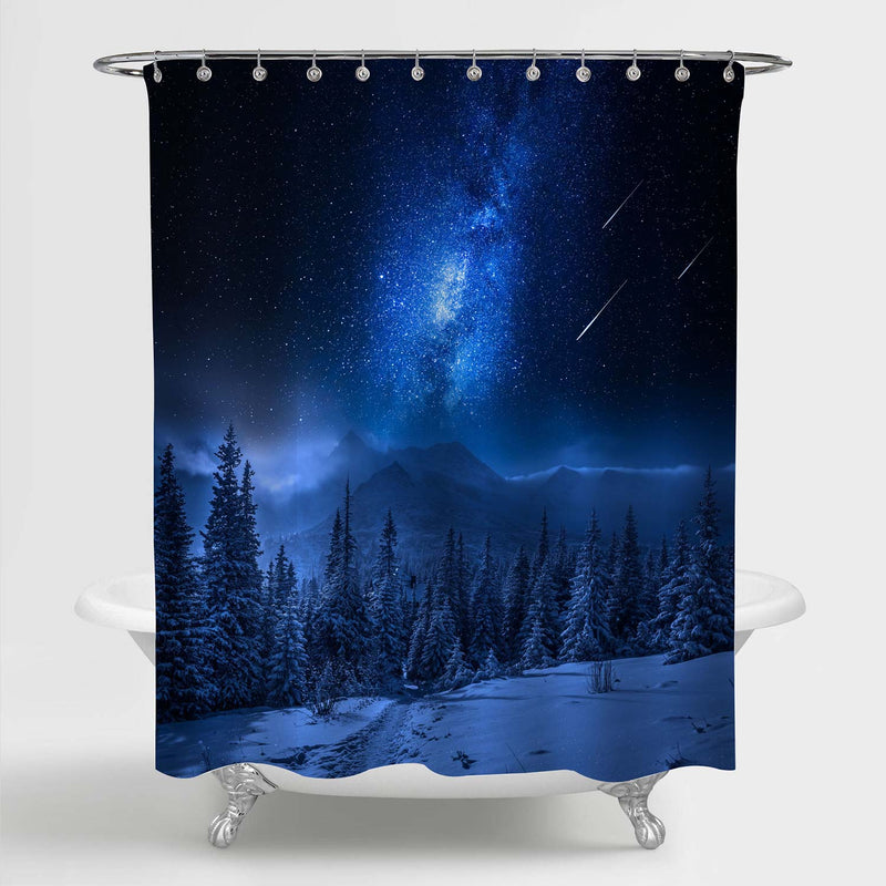 Mountains in Winter at Night with Falling Stars and Milkyway Shower Curtain, Dairy Star Trek in Winter Woods, Dramatic and Picturesque Scene Bathroom Decor, Polyester Fabric 72 x 72, Blue