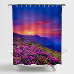 Pink Flower Rhododendrons at Magical Sunset Mountain Shower Curtain - Pink Blue
