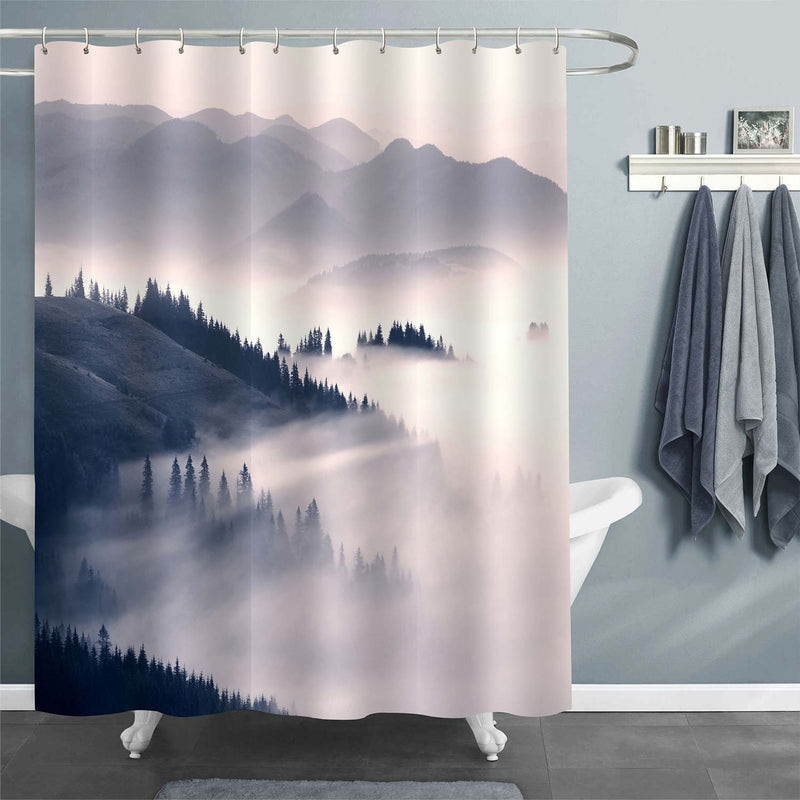 Mountain Slope with Fog Shower Curtain - Grey Blue