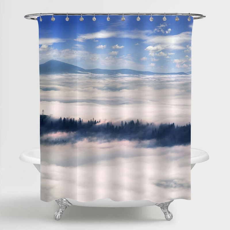 Sea Fog on Mountain Valley Landscape Shower Curtain - Grey Blue