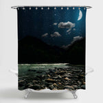 Stones on a Background of Blurred River with Mountain Shower Curtain - Dark Blue