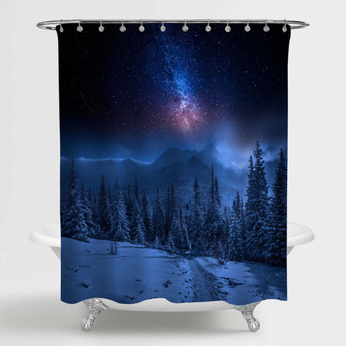 Mountains at Winter Night and Milkyway Shower Curtain - Dark Blue