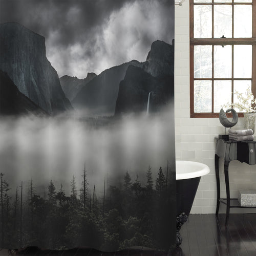 Retro Fog Forest and Mountain in Yosemite National Park Shower Curtain - Dark Grey