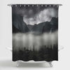 Retro Fog Forest and Mountain in Yosemite National Park Shower Curtain - Dark Grey