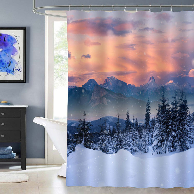Winter Alpine Mountain Snowy Hills and Fir Trees and Dramatic Overcast Sky Shower Curtain
