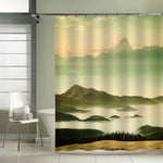 Silhouettes of Mountains in Foggy Autumn Morning Shower Curtain - Green