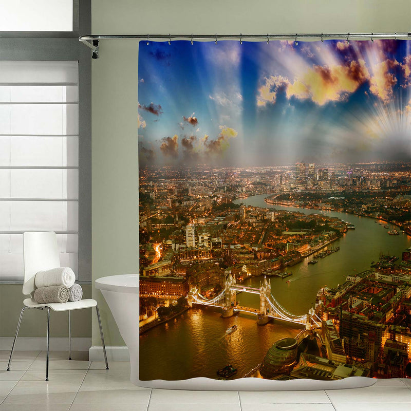 London Flaming Sunset Panoramic Picture Shower Curtain - Gold Blue